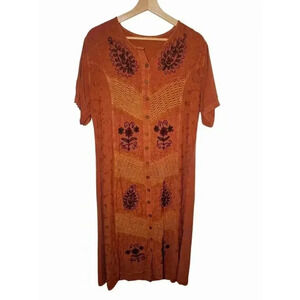 Vintage Boho Terracotta Maxi Dress with Crochet Accents and Floral Embroidered L